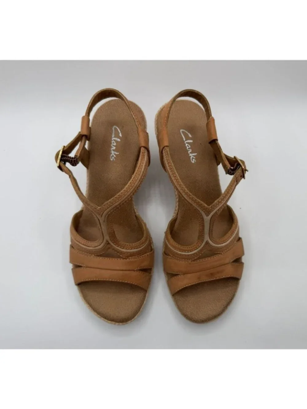 Clarks Rose Limo Wedge Sandals Women Size 7.5M Brown Beige Low Heel Shoes
